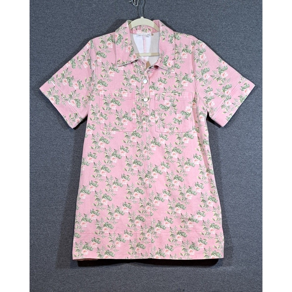 Entro Pink Floral Denim Mini Dress Short Sleeve Button Front D30272 Large